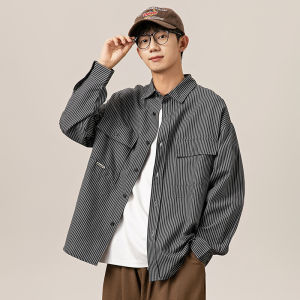 Japanese Style Overalls Long Sleeve Shirt Mens Spring and Autumn Striped Retro Casual Mens Shirt Fancy Easy Matching Coat Men