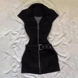 Black Denim Zipper Collar Short Dress Womens Fashion Slim Fit Summer 2025 Casual Style A-Line Skirt by Chinese Manufacturer