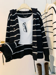 AMILUCK | Long Sleeve Knitted Cardigan Hoodie Womens Short Style Striped Vintage Lazy Atmosphere Autumn New Arrival Outerwear Coat