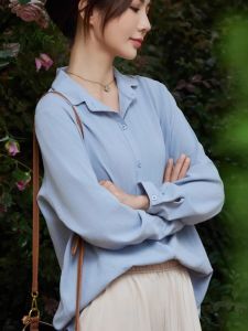 Autumn New Style Commute Pure Cotton White Shirt Womens Casual Long Sleeve Loose Fit round Neck Button up Cotton Linen Blouse