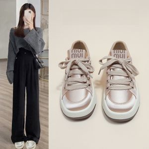 Pink Silk Thick Bottom Board Shoes Womens Casual Sports Sneakers Versatile Spring New Style Flat Knot Waterproof Platform