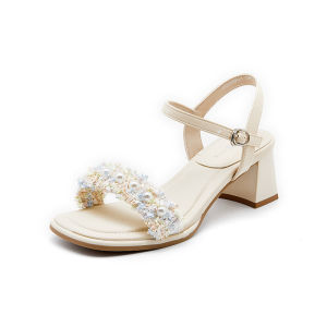 Elegant Pearl Buckle High Heels Sandals for Women Summer New Style DUSTO One Strap Shoes PU Material Open Toe Slip-On Footwear