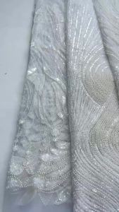 Luxury African Heavy Beaded Tulle Lace Fabric White Sequins Embroidery Net Lace For Bridal Wedding Party Dress 5Yards