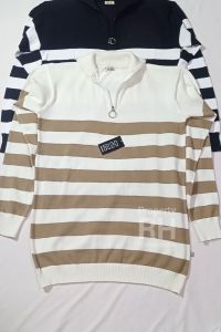 sweater rajut wanita kerah tinggi resleting half zipper turtleneck motif belang strip tangan panjang outer muslim broken white hitam baju rajutan