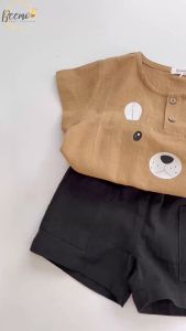 BE249 Bộ quần áo cổ tròn phối khuy in gấu BEEMO áo cộc tay quần đùi cho bé trai dễ thương