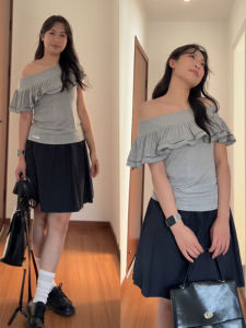 Áo thun nữ BINKAFENNY tay ngắn trễ vai viền bèo nhún màu trơn