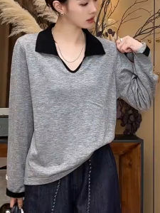 SUOXIMENG | เสื้อเชิ้ตคอปกสีเทาแขนยาวไซส์ใหญ่สำหรับผู้หญิง ฤดูใบไม้ร่วง 2025 สไตล์ใหม่ เสื้อผ้าทำงานลำลอง ดีไซน์เรียบง่าย สวมใส่สบาย