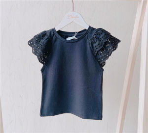 Girls Ruffle Sleeve Pure Cotton Soft Short Sleeve Shirt round Neck Base Layer Top Princess Style Summer Childrens Clothing