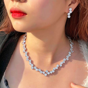 SEQUITO Noble Women Jewelry Set White Gold Color Pave Setting Round AAAAA CZ Zirconia Stone Hight Quality Long Earrings Necklace for Brides Prom Party SJ334
