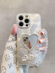 Luxurious Diamond Embedded Heart Shape Womens Phone Case for  16ProMax Full Cover Protective Shell with Mirror