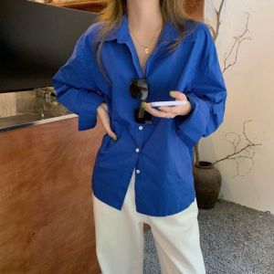 Klein Blue Womens Shirt Loose Casual Chic White Enhancing Royal Blue Top for Autumn 2024 Korean Style Pure Color Polo Collar