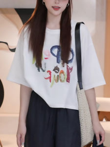 Shalldoer | Fashionable Short Sleeve T-Shirt Womens Thin Breathable Casual Style Round Neck Cool Feeling Summer Top Design Sense Letter Print Rhinestone