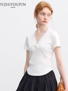 Lace Splice Short Sleeve V-Neck Slimming Versatile T-Shirt
