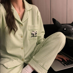 Green Plaid Cotton Pajamas Set for Women Long Sleeve Home Clothes Autumn Style Cute Panda Design Casual Comfortable Sleepwear