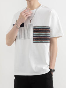 Ice Silk Cotton Cool Feeling Short Sleeve T-Shirt Mens Summer Thin Splice Color Design Cool round Neck Half Sleeve T-Shirt