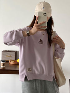 Womens round Neck Short Fleece Lined Hoodless Sweatshirt Spring Autumn Fashionable Korean Style Regular Fit Long Sleeve Top