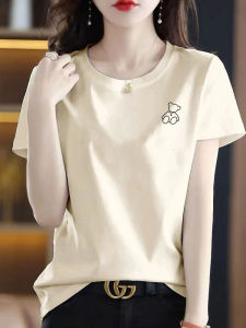 Ice Porcelain Cotton Short Sleeve T-Shirt Womens Loose Fit Versatile Basic Print Design Casual Comfortable Korean Style Top