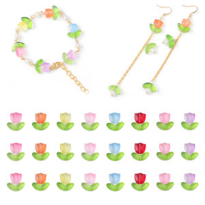 10-20 Sets Gradient Colorful Tulip Flower Beads Leaves with Flowers Glass Spacer Beads For Jewelry Making DIY Bracelet Earrings Gifts Crafts Accessories