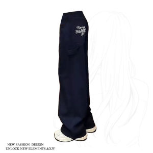 Navy Blue Drawstring Embroidered High Waist Casual Pants Women Spring Autumn New American High Street Straight Leg Workwear Wide Leg Long Trousers