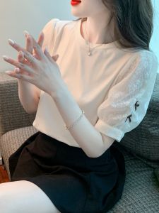 Cotton round Neck Bubble Sleeve T-Shirt Women Summer New Style Lace Butterfly Knot Short Sleeve Fashionable Top Quality Shirt