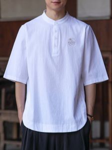 JIARONG | Henry Collar Short Sleeve T-Shirt Summer Lightweight Mixed Fabric Five-quarter Sleeve