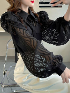 Early Spring Fashion Small Luxury Bubble Sleeve Shirt Womens Black Slimming Fake Pocket Shirt High End Feel Loose Fit Long Sleeve