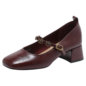 Josiny | Red Marry Jane Style Camellia Decoration Square Toe Chunky Heel Womens Shoes