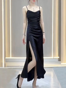 Slimming Effect Ankle-Length Satin Long Dress Women plus Size Kimono Sleeveless High Waist A-Line Gown Commute Korean Style