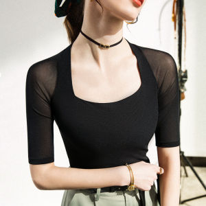 Spring Summer New Black Elastic Mesh Sleeve Latin Dance Top Square Collar Modern Dance Practice Uniform Womens Fitness Wear