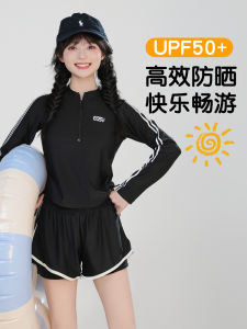 Girls Junior High School One-Piece Swimsuit Long Sleeve Conservative with Chest Pad Childrens Swimming Costume Gugu Lu Brand