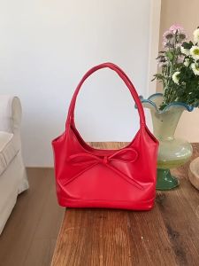 Korean Classic Retro Bow Fashion Commuter Handbag Tote Shoulder Underarm Bag For Women Cherry Red Bag