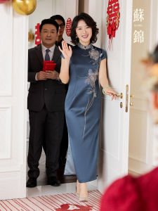 Chu Yi Elegant Wedding Cheongsam Mommy Matrimony High End New Chinese Style Young Looking Short Sleeve round Collar Low Slit