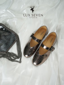 รองเท้า Mary Janes ทรงแบนสีโลหะสไตล์บัลเล่ต์ Lux Seven สำหรับผู้หญิง รองเท้าแฟชั่นลำลอง หนังแท้ หัวรองเท้าทรงกลม