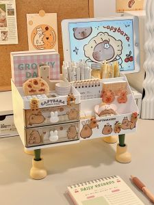 Transparent Drawer Style Desktop Storage Box Capybara Large Capacity Stationery Organizer Cute Bookshelf Plastic Rectangular
