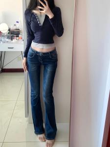 Quần Jeans Ống Loe Cạp Thấp Quần Dài Ôm Dáng Mùa Thu Quần Jeans Denim Co Giãn Cotton Dài Đến Sàn Cho Nữ