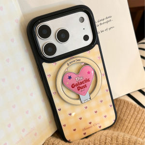 Korean Grid Pattern Love Heart Fold Magnetic Bracket Phone Case For iPhone 17 Air 16 15 14 13 12 Pro Max Shockproof Hard Cover