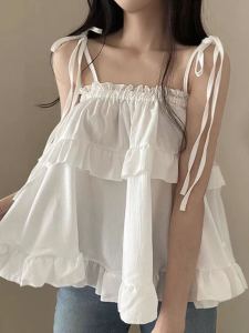 เสื้อแขนกุดผู้หญิงสไตล์หวานๆ สำหรับฤดูร้อน ผ่าหน้าด้วยโบว์ผีเสื้อ ทรงหลวมๆ สำหรับใส่กลางแจ้ง เสื้อผ้าทำงานสำหรับผู้หญิงวัย 18-24 ปี