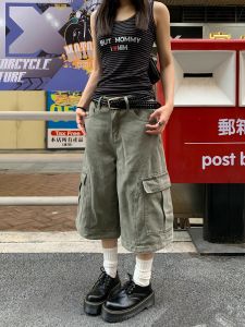 Retro American Washed Large Pocket Work Trousers Loose Wide Leg Casual Seven-Foot Short Pants for Men And Women