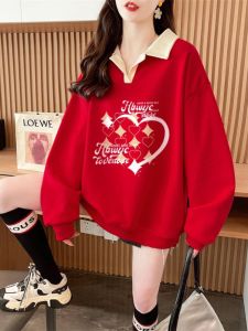 เสื้อสเวตเตอร์คอโปโลผ้าฝ้ายแท้สำหรับผู้หญิง ฤดูใบไม้ร่วง/ฤดูหนาว 2025 ใหม่ ขายดี แฟชั่นผู้หญิง บุขนแกะหนา แขนยาว สีแดง ไม่มีหมวก เสื้อผ้าทำงาน