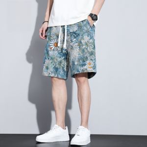 ROMON | Romon Mens Summer Ice Silk Loose Sports Shorts Five-Quarter Beach Pants Casual Ethnic Style Mid Waist Youthful Vitality Trend