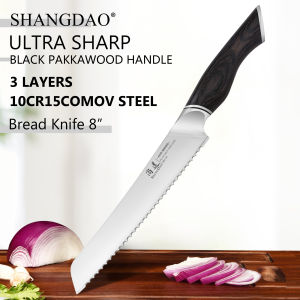 SHANGDAO 8 Inch Serrated Bread Knife 10Cr15CoMoV Alloy SteelProfessional Kitchen Cutting Toast knife with Pakkawood Handle