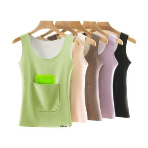 Womens Warm Fleece Vest with Pockets Thin Double-Sided No-Trace Autumn Winter Inner Wear Base Shirt Velvet Fabric round Neck