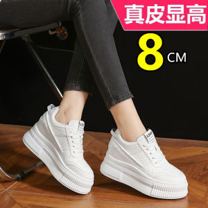 Leather High Top Sneakers Womens 8cm Thick Bottom Heightening Spring New Style Waterproof round Toe Rubber Outsole Shoes