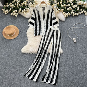 Plus Size Womens Clothing Cold Style Fancy Suit Retro Mixed Color Stripe Knitting Cardigan Loose Figure Flattering Wide Leg Pants