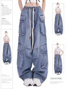 Quần Ống Đứng Cạp Cao Nhiều Túi Phong Cách Mỹ Cổ Điển Cỡ Lớn Cho Nữ Mùa Xuân 2025 Quần Jeans Denim Thường Ngày