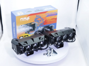 【with fan+ballast】2pcs 4-bulb Motorcycle Mini Driving Light with Cooling Fan White + Yellow Light Devils Eye Universal