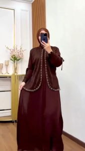 Delova Dress Ceruty Babydoll Brukat full puring aplikasi swarovski model Gamis Wanita Terbaru 2025 jumbo Baju Gaun Lebaran Viral Kekinian Dress Kondangan wanita dewasa mewah gaun pesta elegan Baju gamis warna burgundy coklat mahogany terbaru 2025