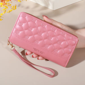 Fashion Quilted Long Wallet For Women Zipper Around Clutch Coin Purse Multi Card Slots Mobile Phone Bag