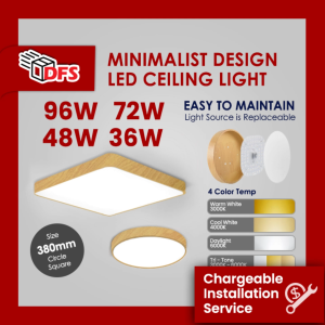 [Free LED Plate]DFS LED Ceiling Light 380MM 48W/72W/96W Tri-tone Ceiling light with Wood Frame/Nordic Minimalist Design Magnet Base Ceiling Light Balcony kitchen Light Square and Round