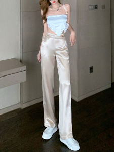 Acetate Satin Ice Silk Wide Leg Pants Women Summer Thin High Waist Draped Straight Casual Cool Pants Korean Style Long Trousers